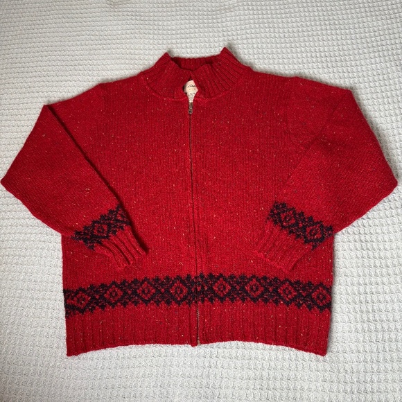Vintage Eddie Bauer Fair Isle Wool Blend Sweater Womens Medium Red Zip Front 90s - Picture 1 of 7